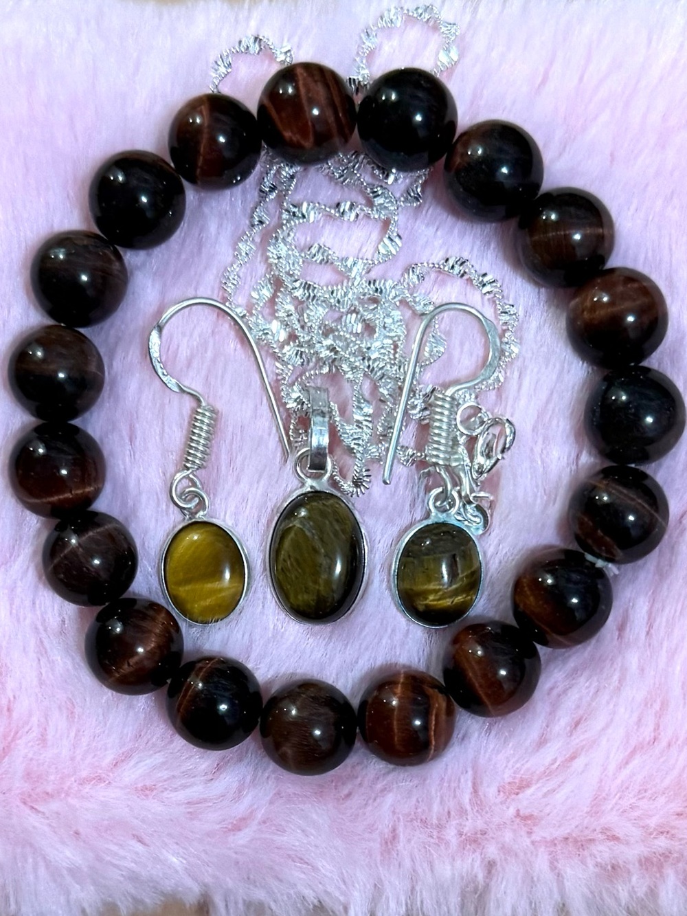Natural Tiger Eyes Stone Necklace Bracelet Earrings Jewelry Set